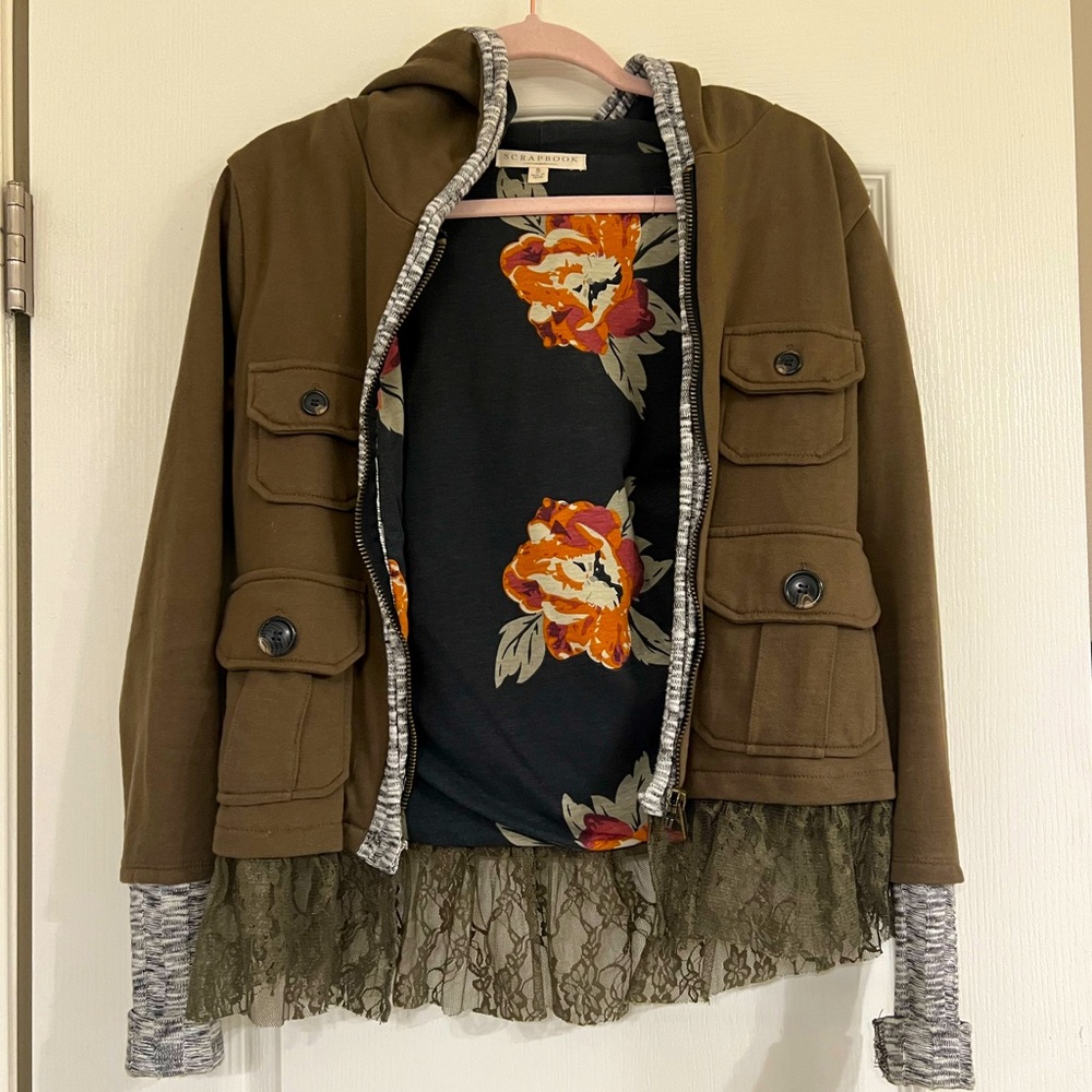 Olive Green Women's Jacket with Lace Trim